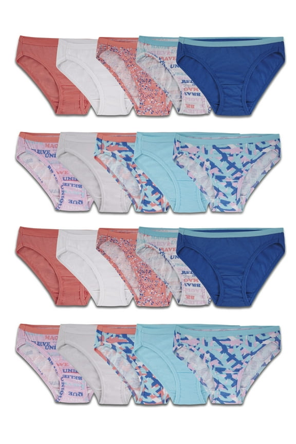 Girls' Cotton Bikini Underwear, 20 Pack, Sizes 4-14
