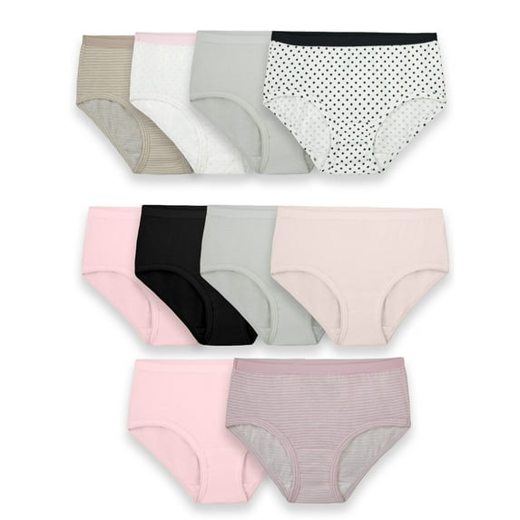 Fruit of the Loom Girls' Cotton Brief Underwear, 10 Pack Panties, Sizes 4-16