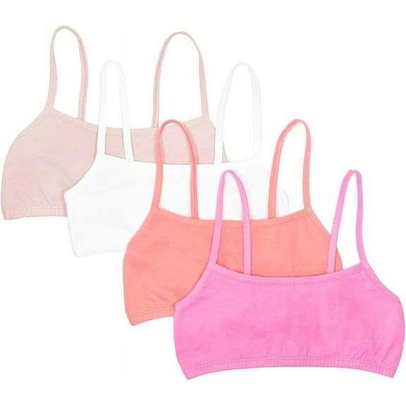 Fruit of the Loom Girls' Cotton Spaghetti Strap Sport Bra, Assorted, 4-Pack, Size: 28-40
