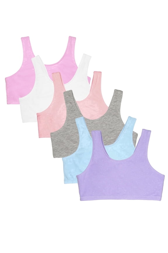 Girls' Multi Cotton 6-Pack Built-Up Stretch Sports Bra