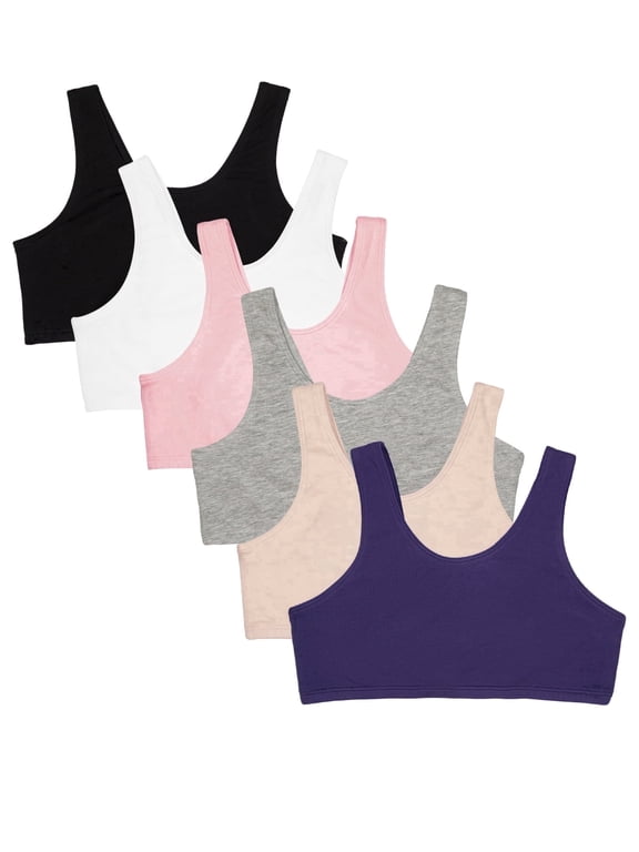 Girl's Cotton Built Up Stretch Sports Bra, 6-Pack