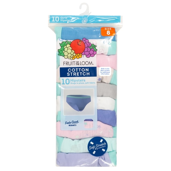 Fruit of the Loom Girl's Cotton Stretch Hipster Underwear, 10-Pack, Sizes 4-16