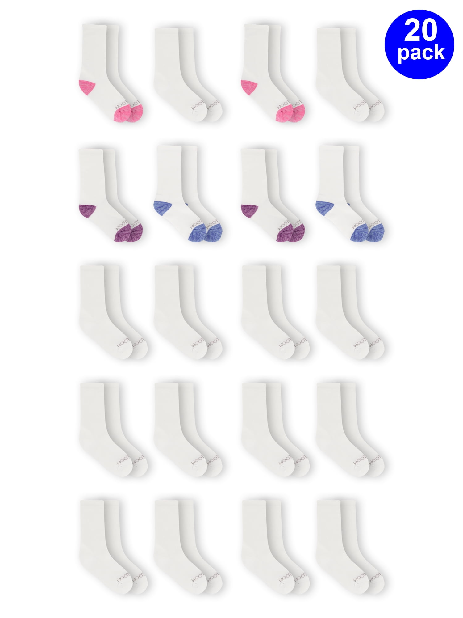 Fruit of the Loom Girls Crew Socks Pack, 20 Pairs, Cushioned Sole ...