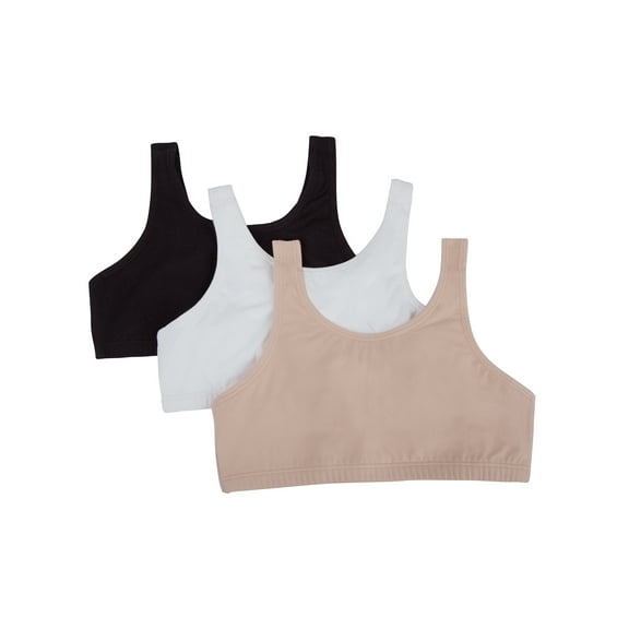 Fruit of the Loom Girls Pull Over Built Up Strap Cotton Sport Bra, 3-Pack, Sizes 28-38