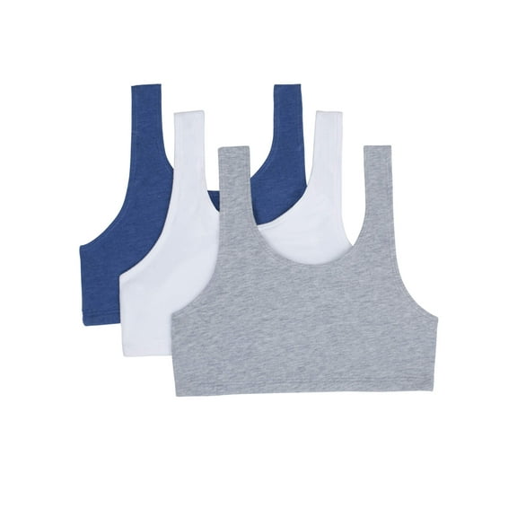 Fruit of the Loom Girls Pull Over Built Up Strap Cotton Sport Bra, 3-Pack, Sizes 28-38