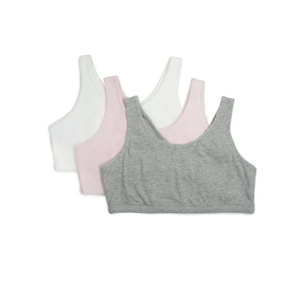 Fruit of the Loom Girls Pull Over Built Up Strap Cotton Sport Bra, 3-Pack, Sizes 28-38