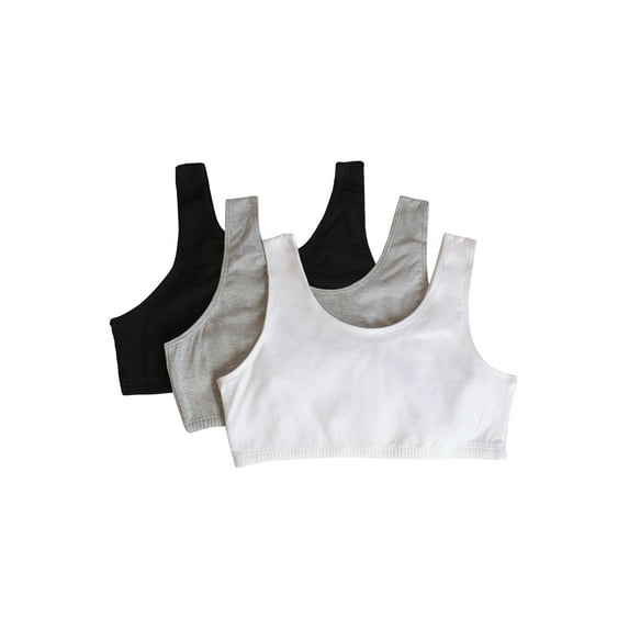 Fruit of the Loom Girls Pull Over Built Up Strap Cotton Sport Bra, 3-Pack, Sizes 28-38
