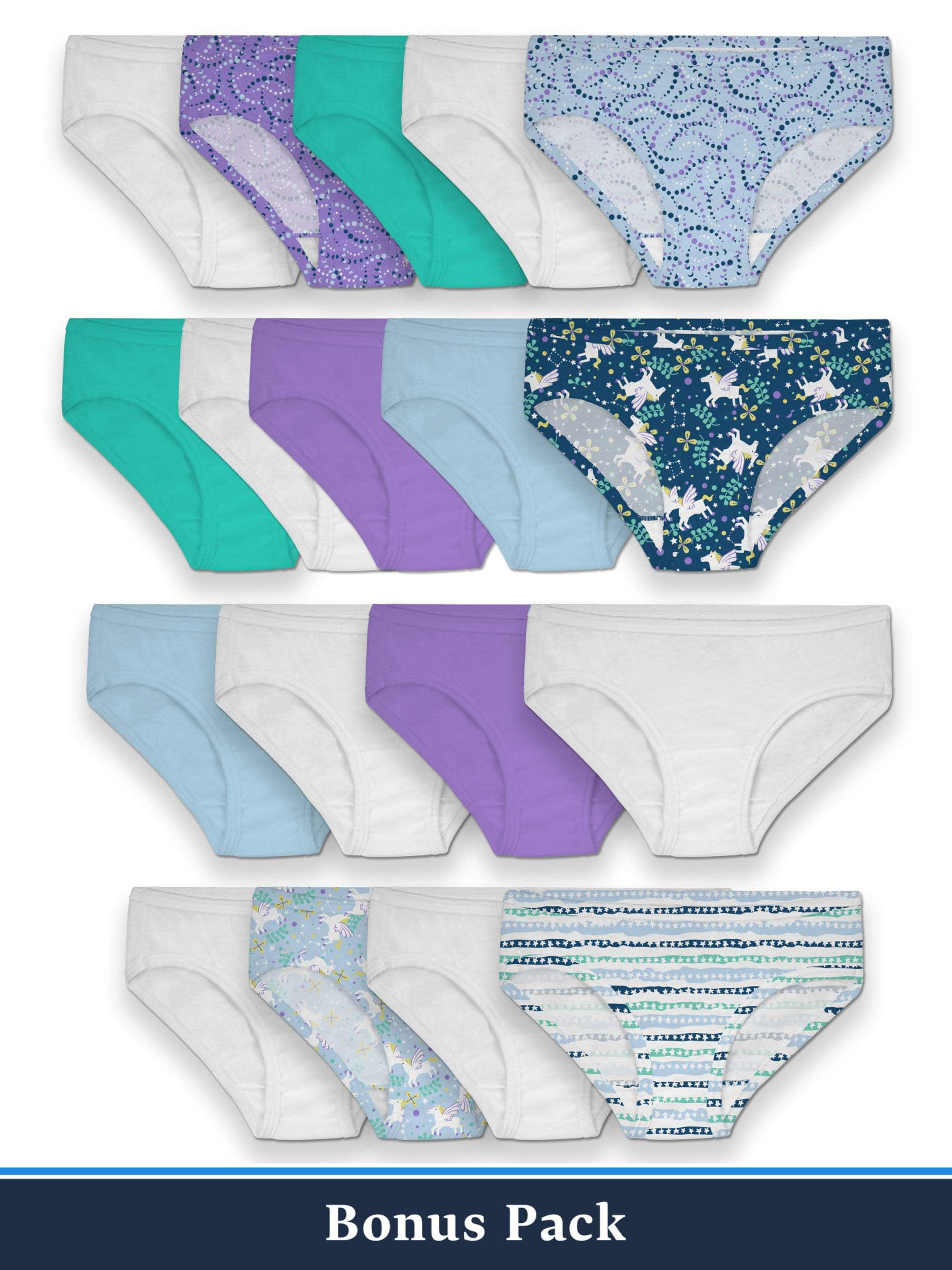 Fruit of the Loom Girls Underwear, Assorted Cotton Hipsters, 14+4 Bonus  Pack Sizes 4-14