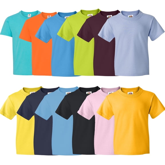 Fruit of the Loom- HD Cotton Youth Short Sleeve T-Shirt | 5 oz, High-Density Fabric, Assorted T-Shirt, Mixed Color Bulk- 12 Pack Tees | Size Small