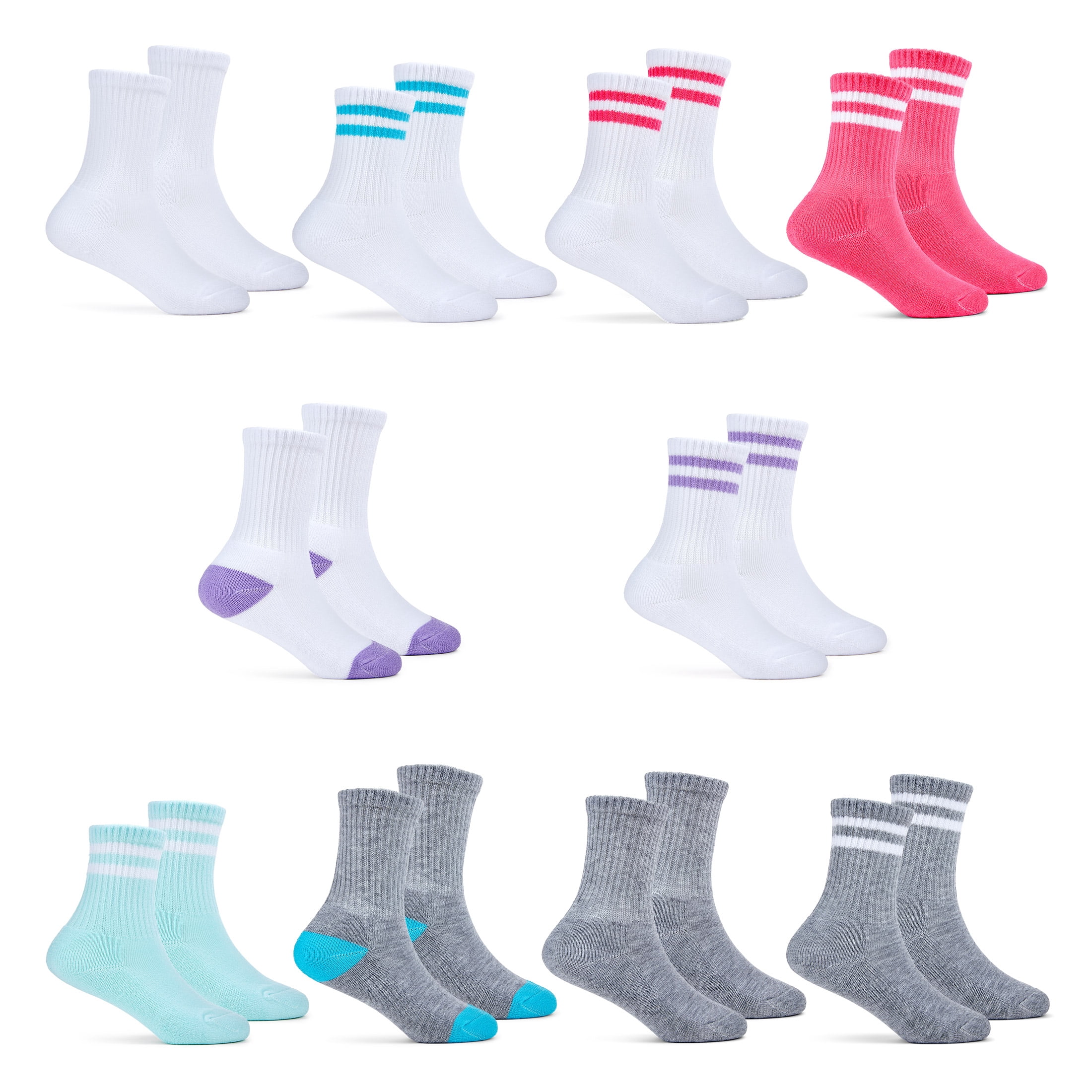 Fruit of the Loom All Day Comfort Girls Crew Socks, Sizes 6-10, 10-Pack