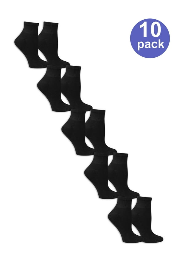 Ladies Half Cushion Ankle Socks, 10 Pack, 8-12, Black