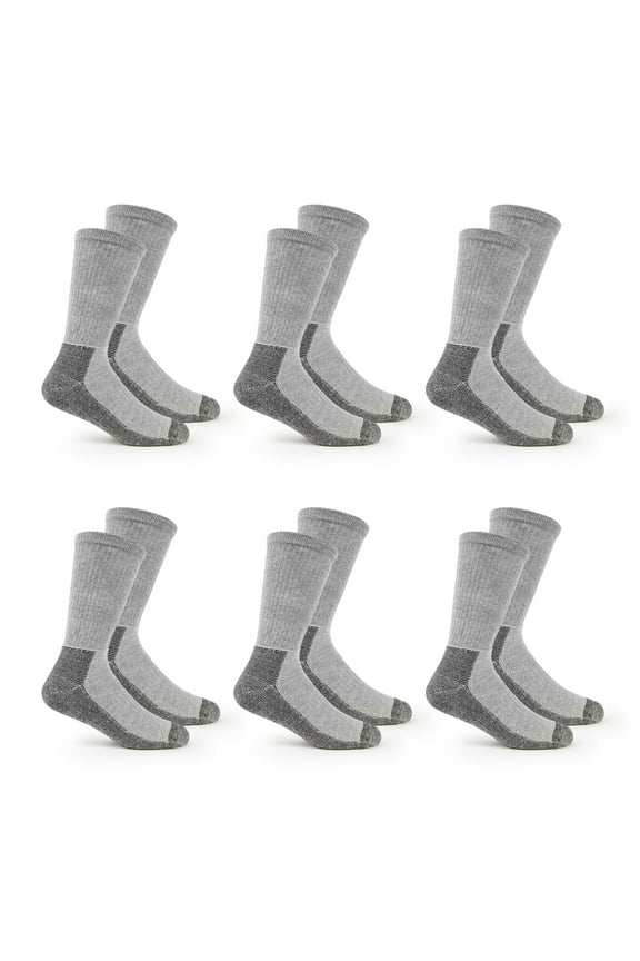 Made in USA Work Gear Crew Socks for Men, Grey, Sizes 6-12 (6-Pack)
