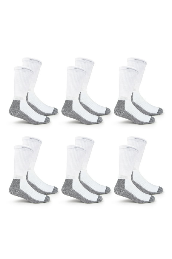 Work Gear Crew Socks for Men, White, Sizes 6-12 (6-pack)