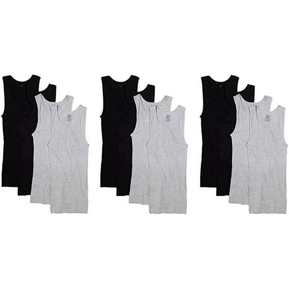 Fruit of the Loom Men's 12 Pack Black & Grey A Shirts Tank Tops Undershirts M