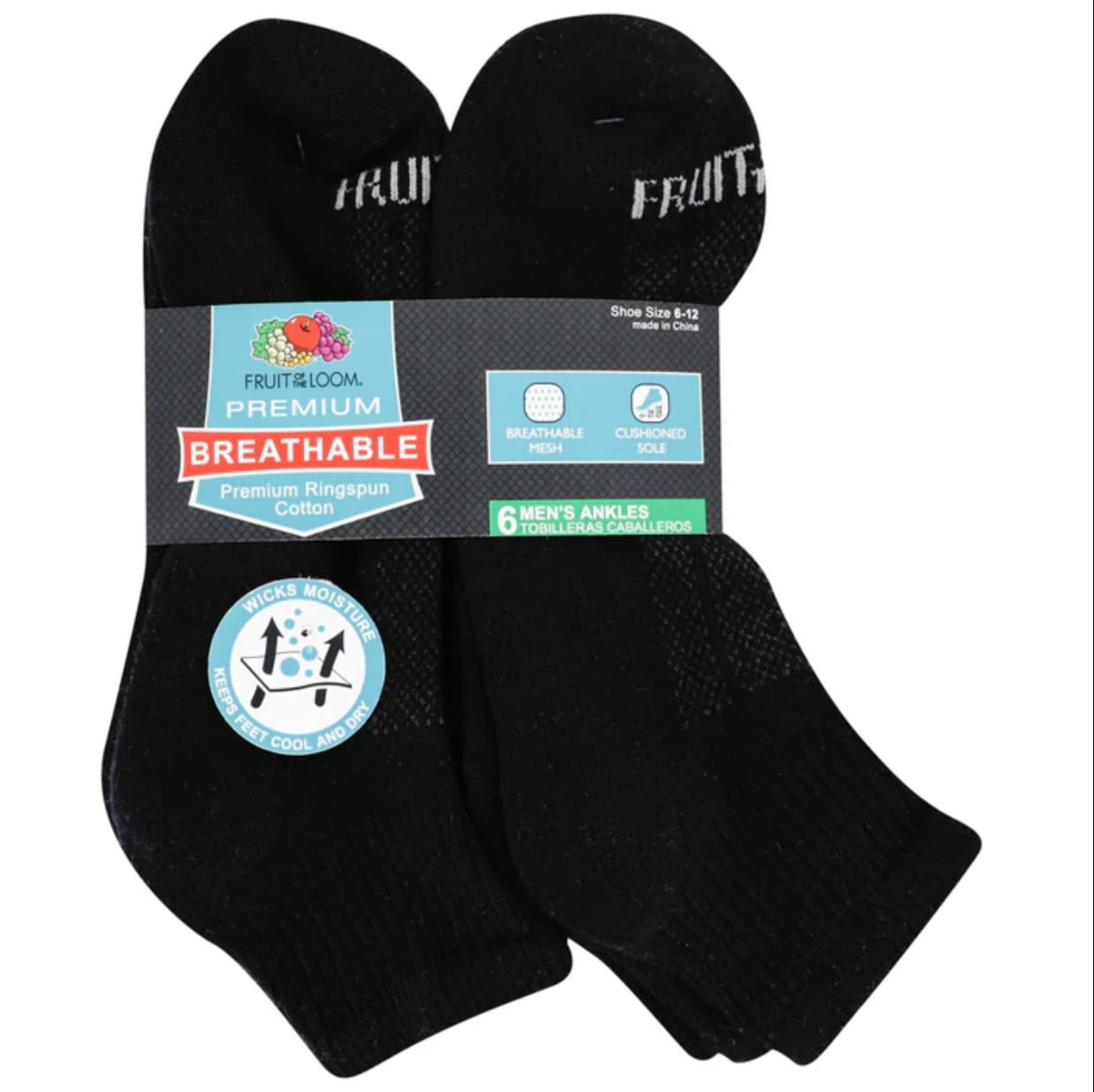 Fruit of the Loom Men's 6-Pair Half Cushion Breathable Ankle Socks ...