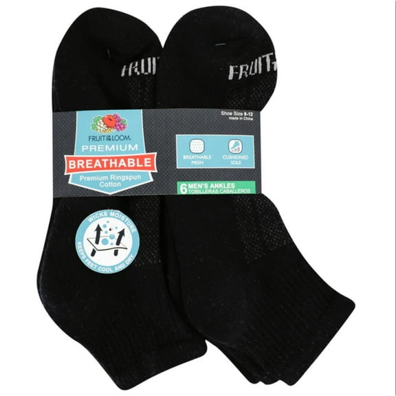 Fruit of the Loom Men's 6-Pair Half Cushion Breathable Ankle Socks, black, Shoe Size: 6-12