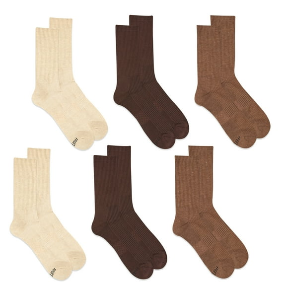 Fruit of the Loom Men's All Day Comfort Casual Crew Socks, Brown, Sizes 12-15 (6-Pack)