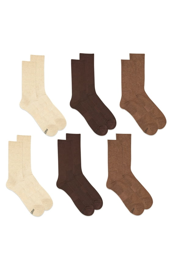 Men's All Day Comfort Casual Crew Socks, Brown, Sizes 12-15 (6-Pack)