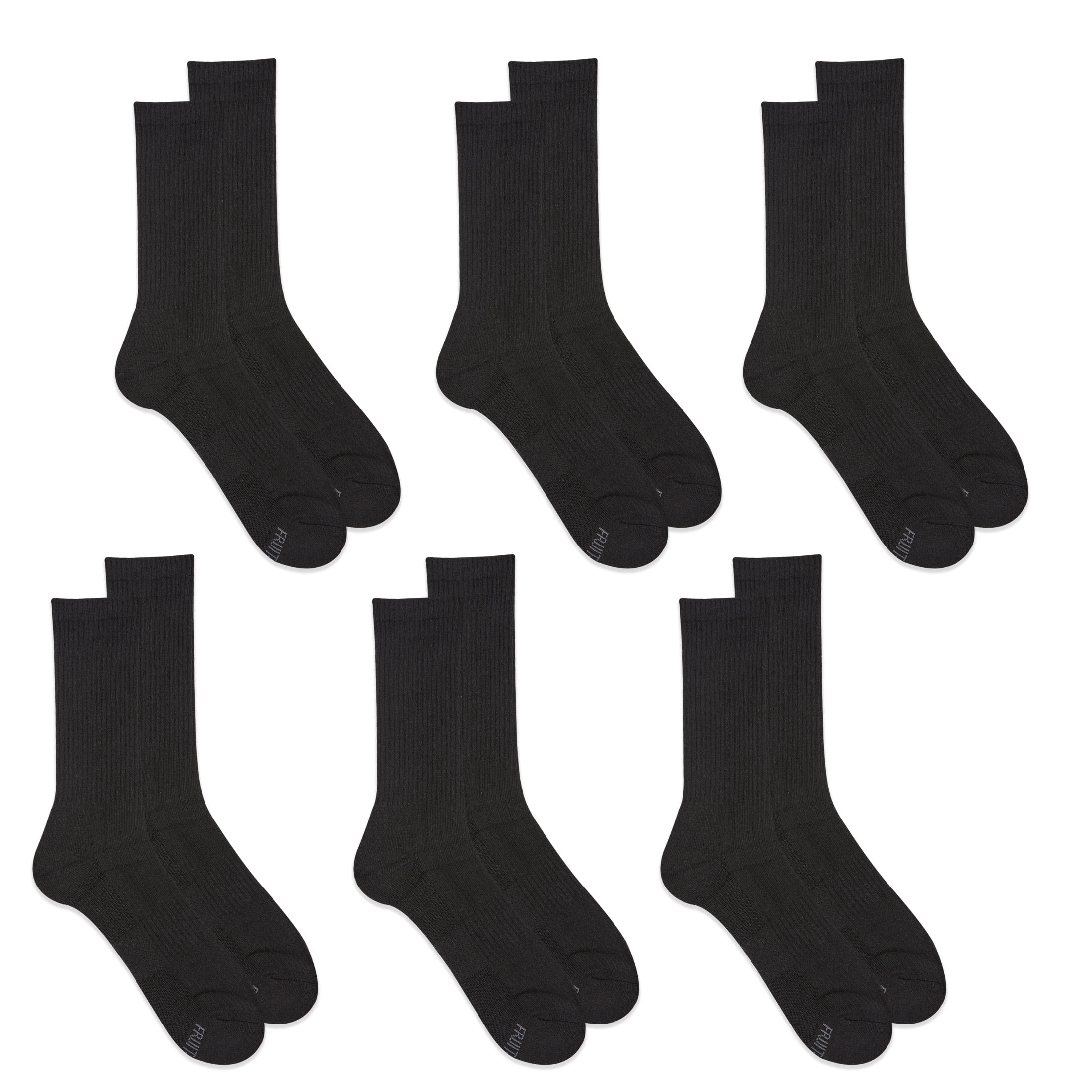 Fruit of the Loom Men's All Day Comfort Crew Socks, Sizes 12-15, Black (6-Pack)