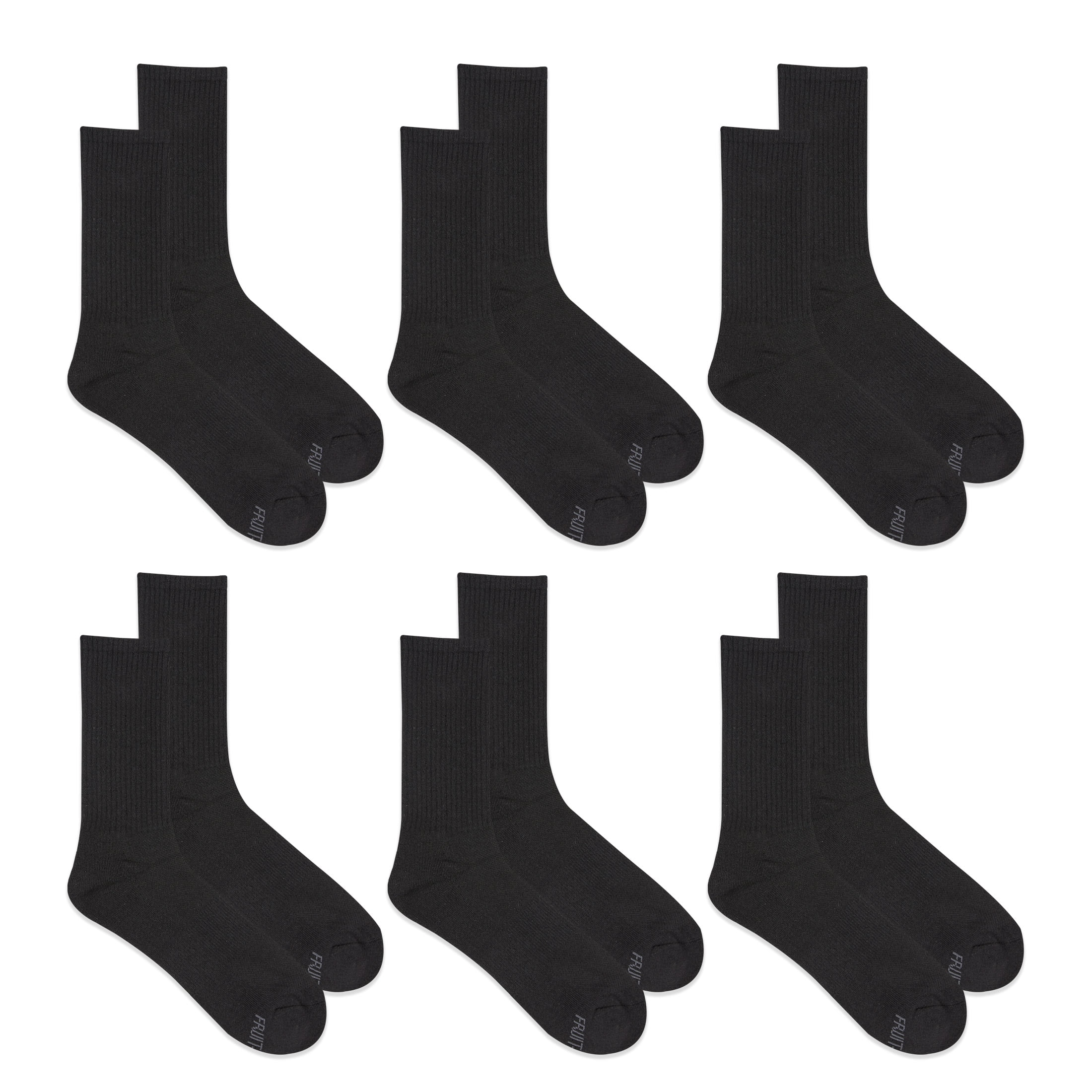 Fruit of the Loom Men's All Day Comfort Crew Socks, Sizes 12-15, Black (6-Pack)
