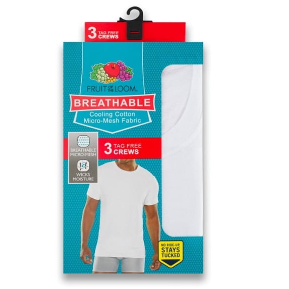 Fruit of the Loom Men's Breathable Cotton Crew-Neck Tagless Undershirts T-Shirts White Stay-Flat Collar, X-Large
