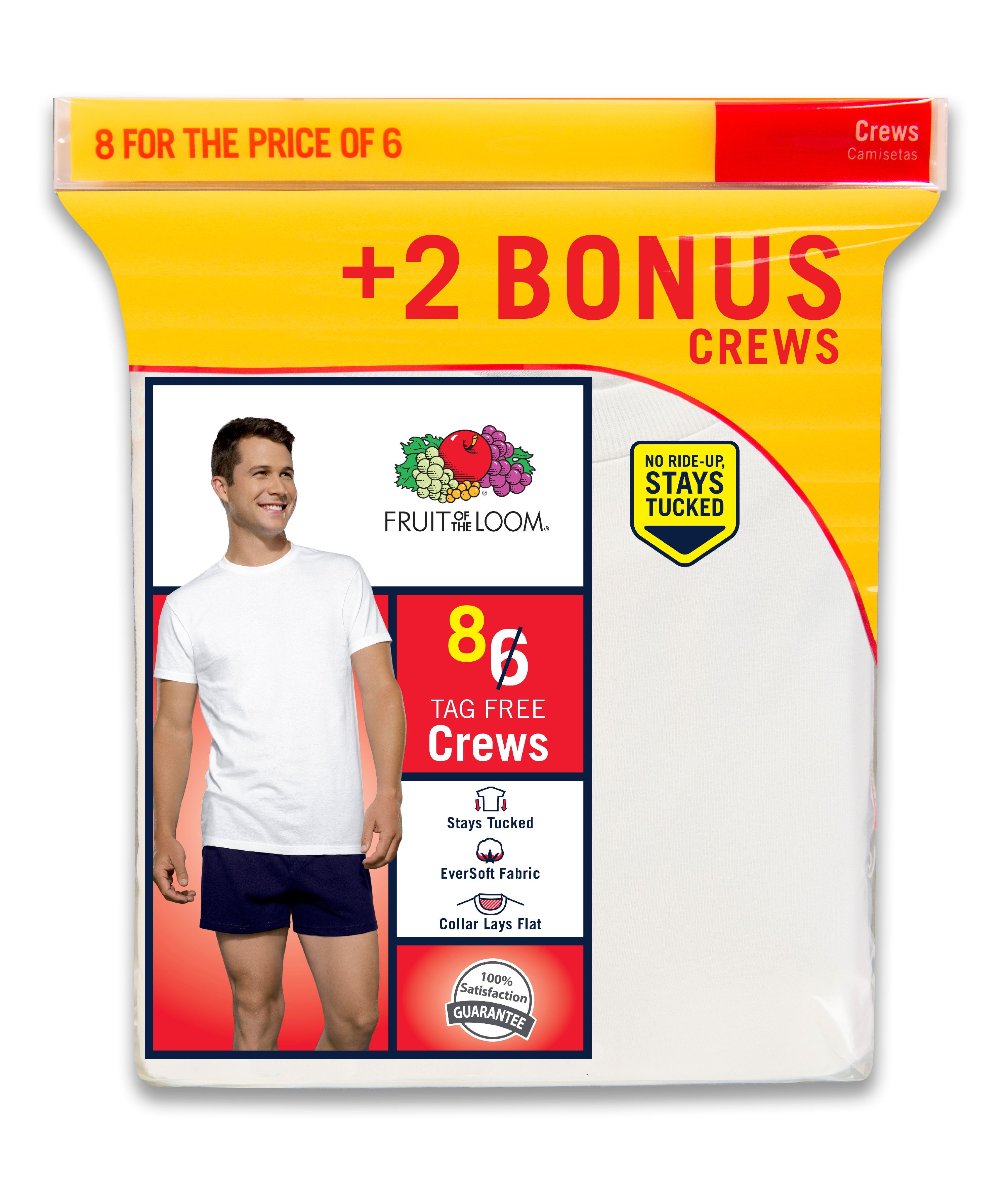 Fruit of the Loom Men's Tagless Crew Undershirts, 8 Pack Bonus ...
