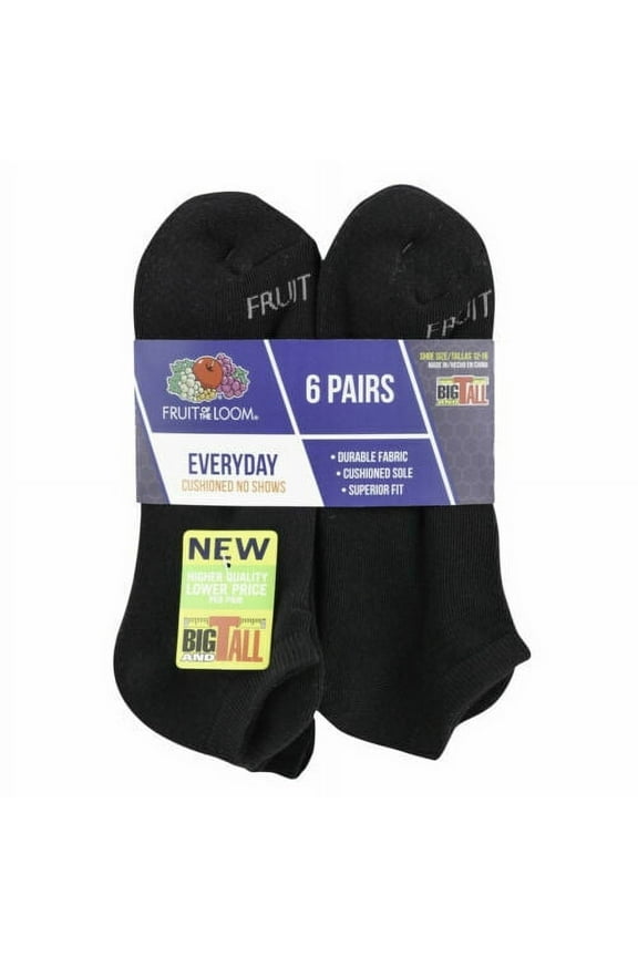 Men's Durable Cushioned No Show Socks 6 Pairs " BIG & TALL"  BLACK