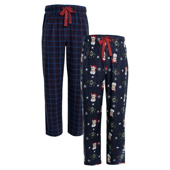 Fruit of the Loom Men's Holiday and Plaid Print Soft Microfleece Pajama Pant 2-Pack Bundle