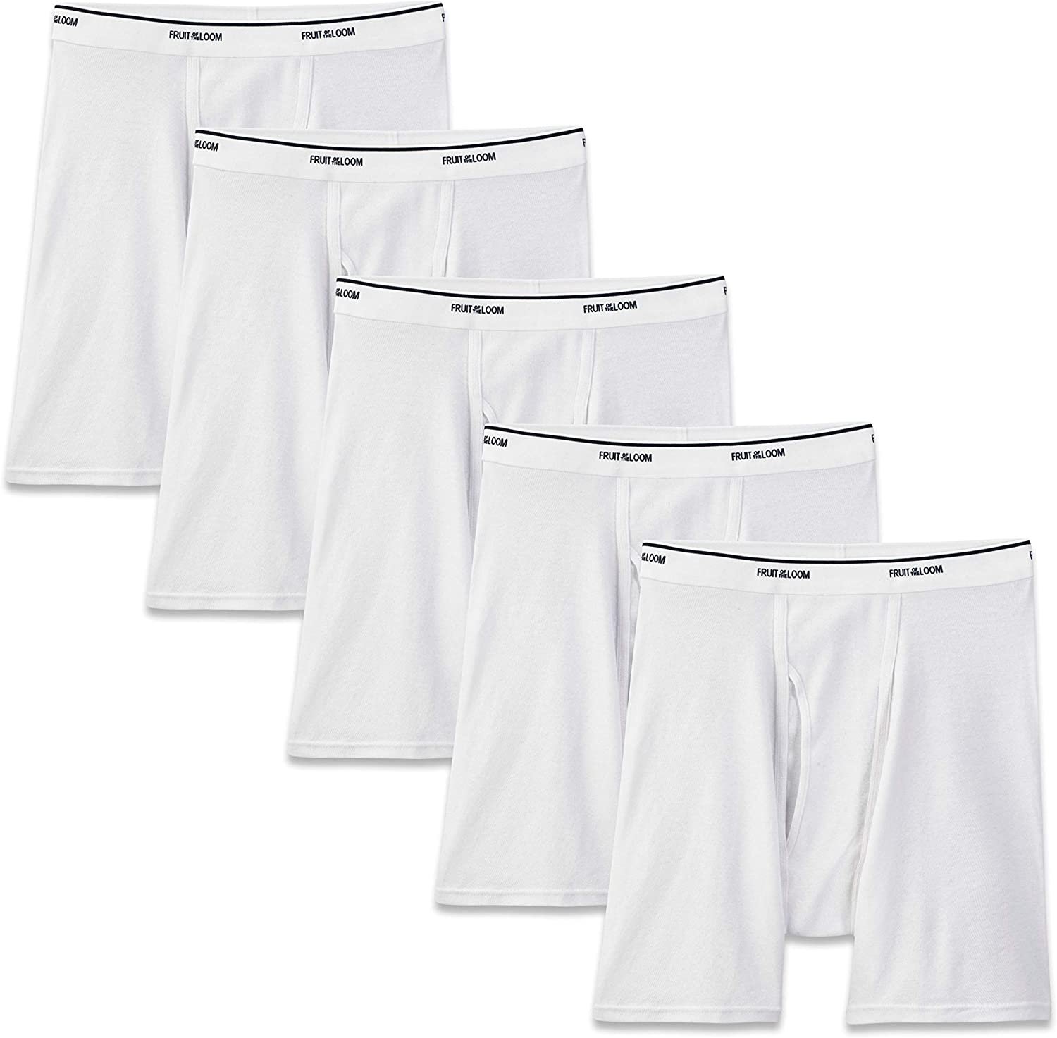 Fruit of the Loom Men's No Ride Up Boxer Brief Large Waist 36-38, White - Traditional Fly, 5 Pack