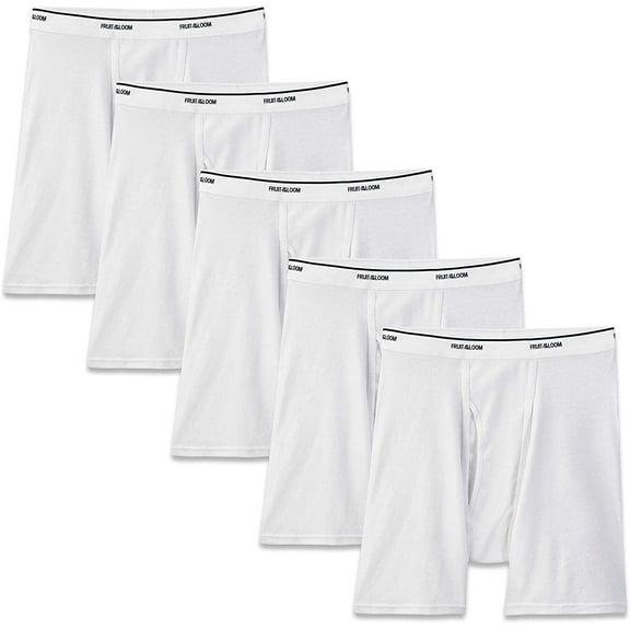 Fruit of the Loom Men's No Ride Up Boxer Brief Large Waist 36-38, White - Traditional Fly, 5 Pack