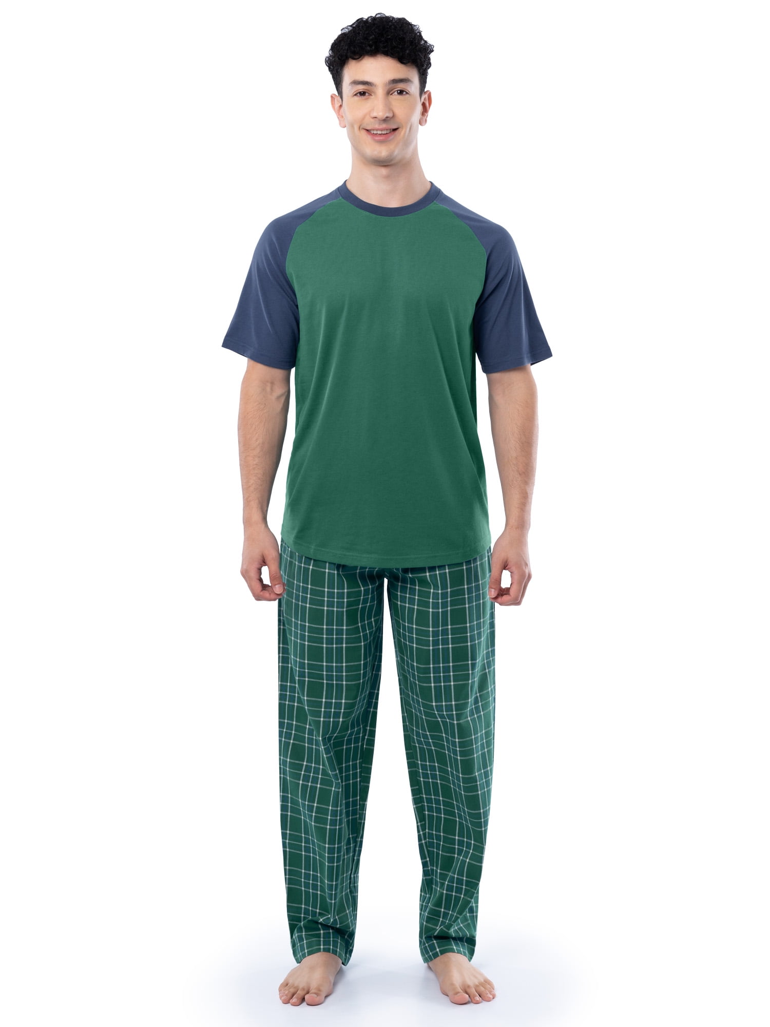 Fruit of the Loom Men's Raglan Short Sleeve T-shirt and Plaid Pajama Sleep Pant Set, Sizes S-2XL