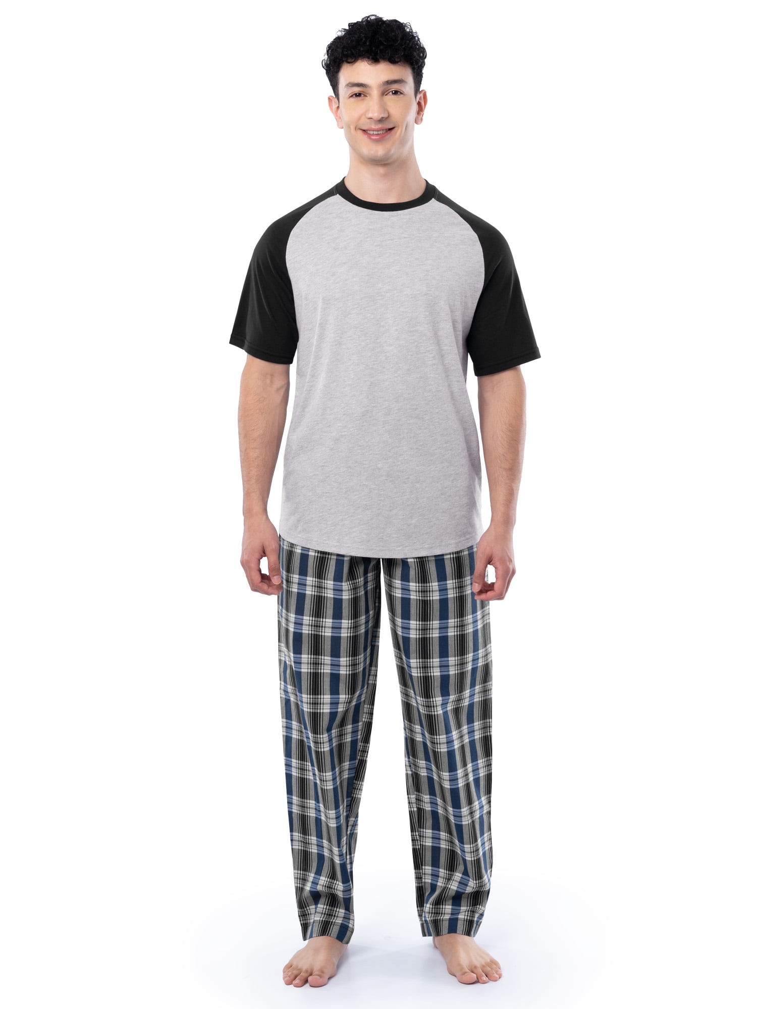 Fruit of the Loom Men's Raglan Short Sleeve T-shirt and Plaid Pajama Sleep Pant Set, Sizes S-2XL