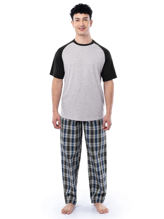 Men's Raglan Short Sleeve T-shirt and Plaid Pajama Sleep Pant Set, Sizes S-2XL