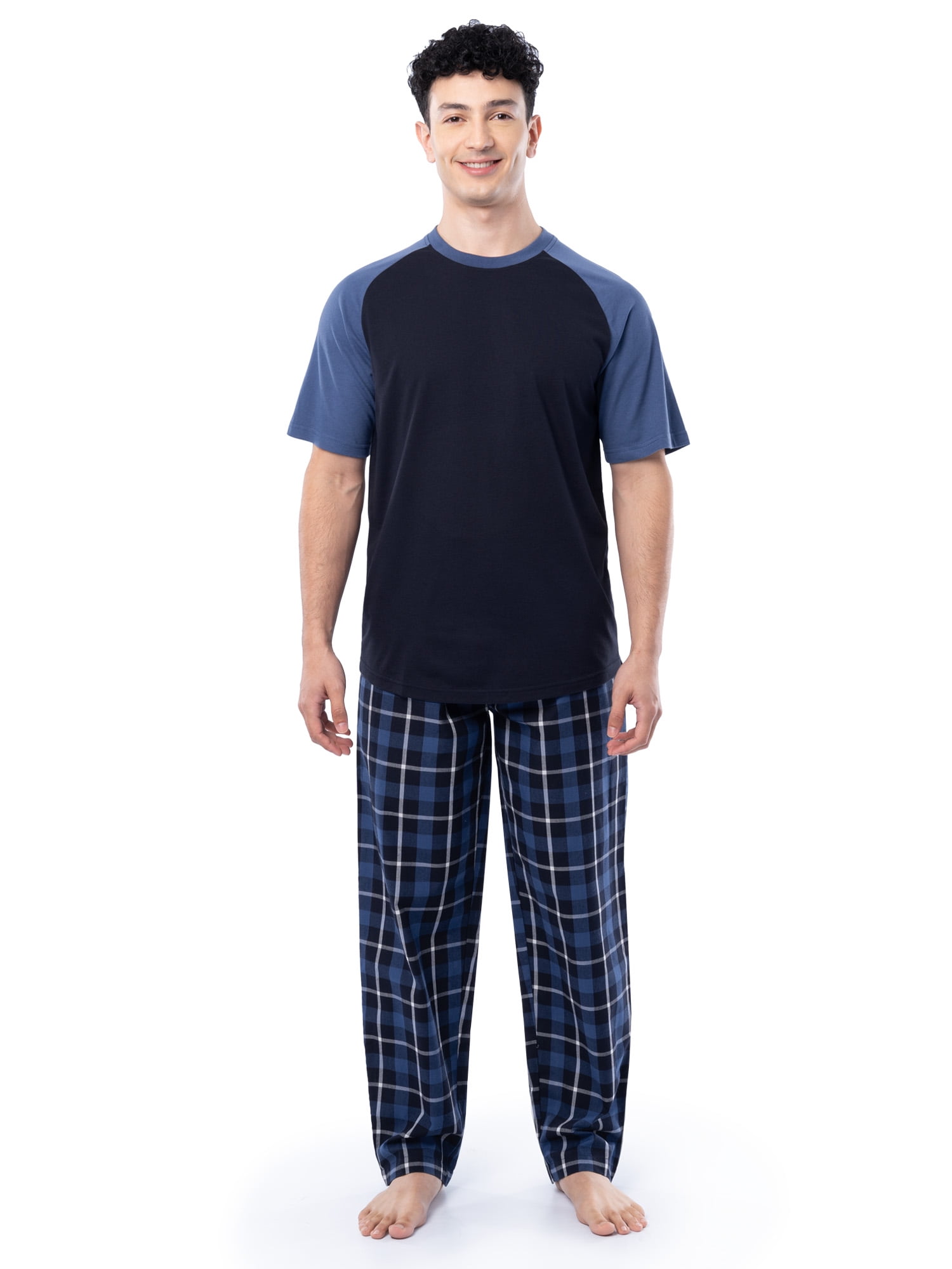 Fruit of the Loom Men's Raglan Short Sleeve T-shirt and Plaid Pajama Sleep Pant Set, Sizes S-2XL