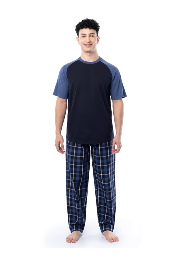 Men's Raglan Short Sleeve T-shirt and Plaid Pajama Sleep Pant Set, Sizes S-2XL