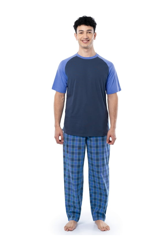 Men's Raglan Short Sleeve T-shirt and Plaid Pajama Sleep Pant Set, Sizes S-2XL