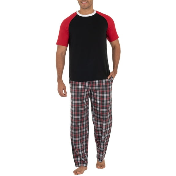 Fruit of the Loom Men's Raglan Short Sleeve T-shirt and Plaid Pajama Sleep Pant Set, Sizes S-2XL
