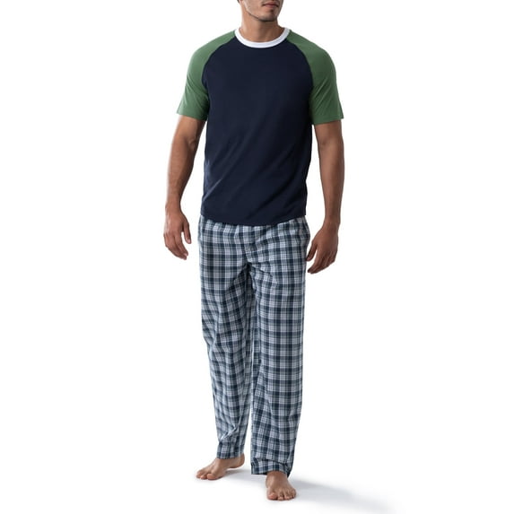 Fruit of the Loom Men's Raglan Short Sleeve T-shirt and Plaid Pajama Sleep Pant Set, Sizes S-2XL