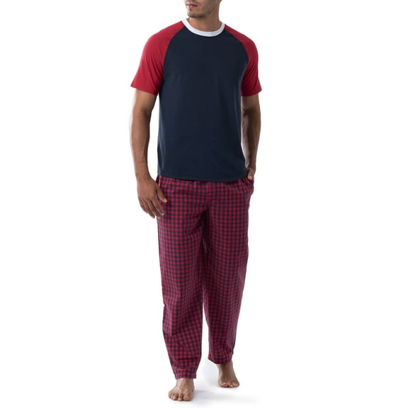 Fruit of the Loom Men's Raglan Short Sleeve T-shirt and Plaid Pajama Sleep Pant Set, Sizes S-2XL