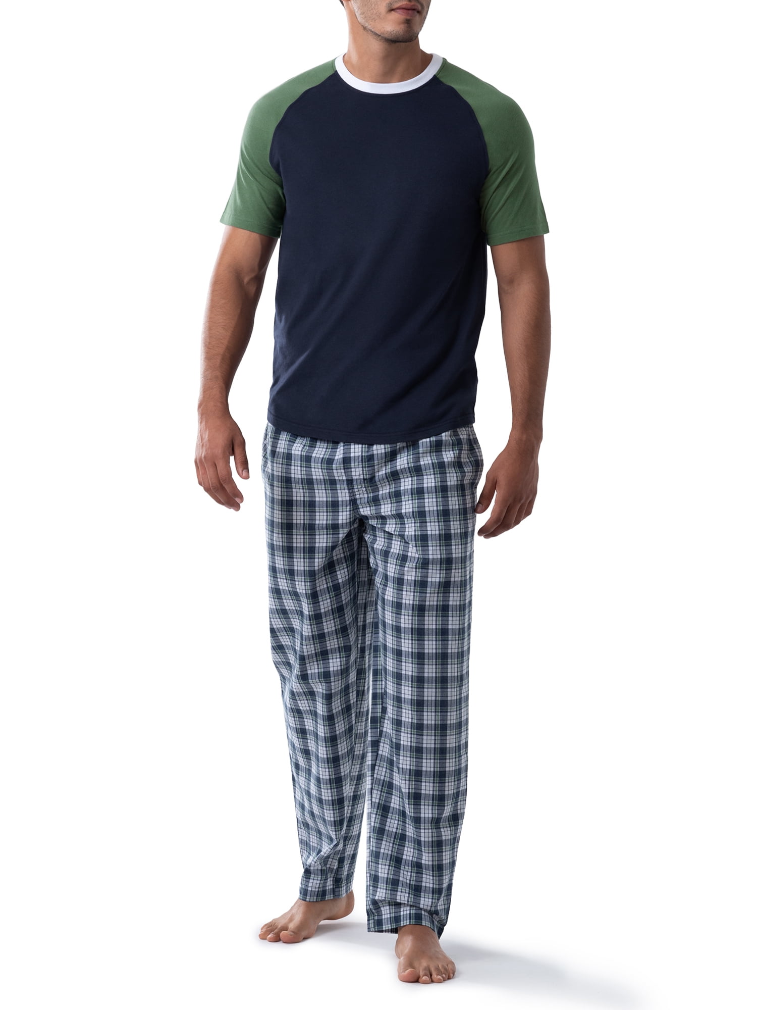 Fruit of the Loom Men's Raglan Short Sleeve T-shirt and Plaid Pajama Sleep Pant Set, Sizes S-2XL