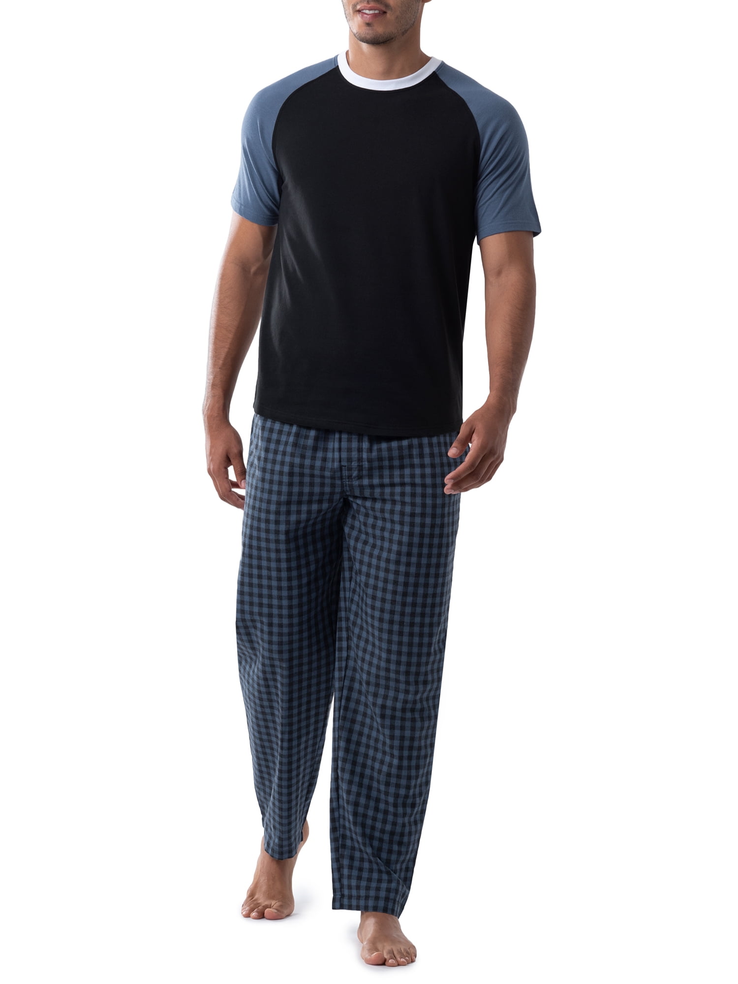 Fruit of the Loom Men's Raglan Short Sleeve T-shirt and Plaid Pajama Sleep Pant Set, Sizes S-2XL