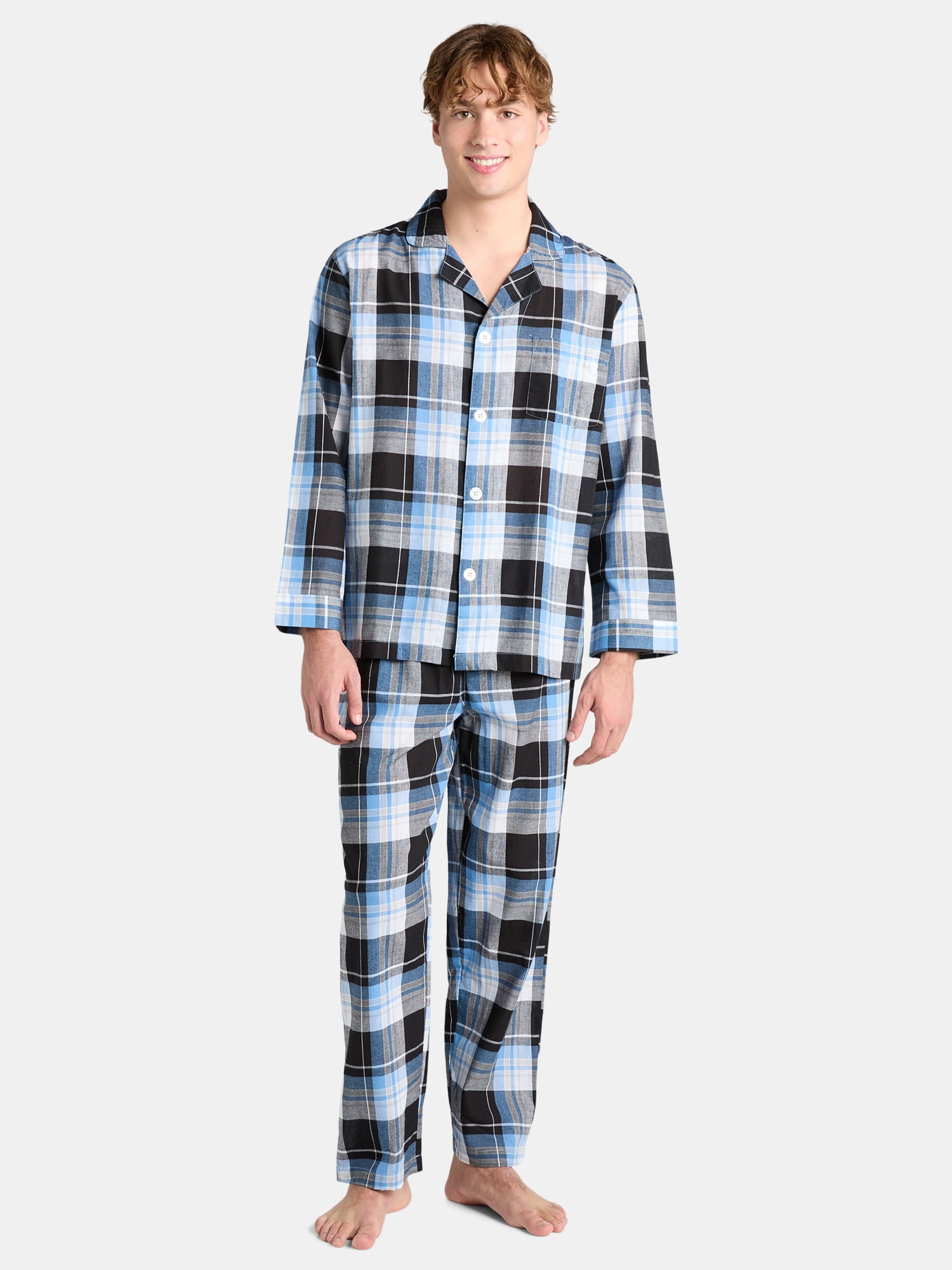 Fruit of the Loom Men's Long Sleeve Cotton Pajama Top and Pants Sleep