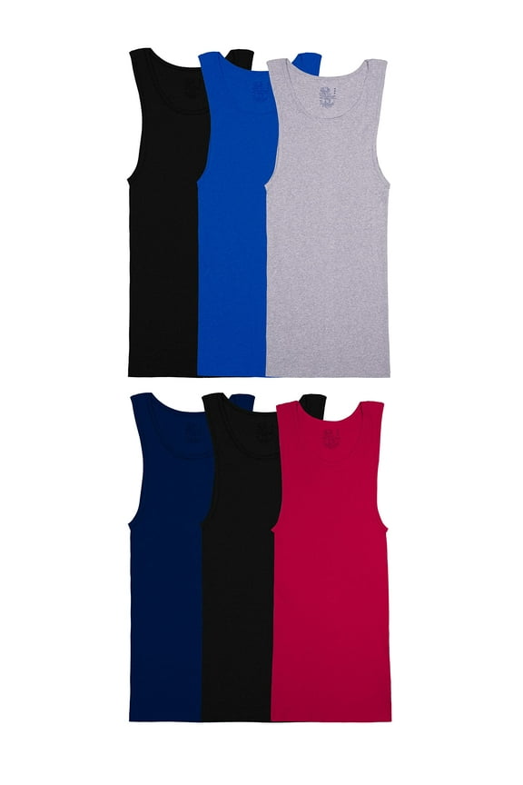 Men's Sleeveless Tank A-Shirt, Tag Free & Moisture Wicking, Ribbed Stretch Fabric, 6 Pack-Assorted Colors, Large