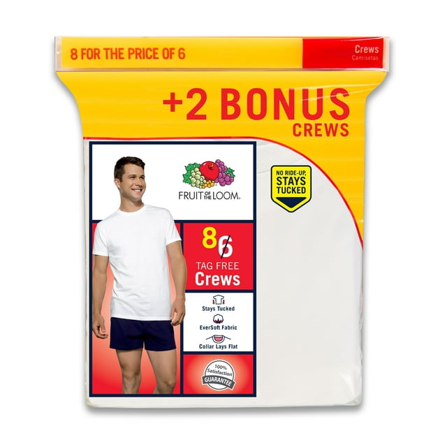 Fruit of the Loom Men's White Crew T Shirts, 6+2 Bonus Pack