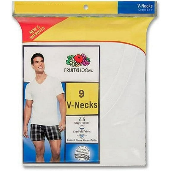 Fruit of the Loom Mens 9Pack White V-Neck Undershirts 100% Cotton T-Shirts, L