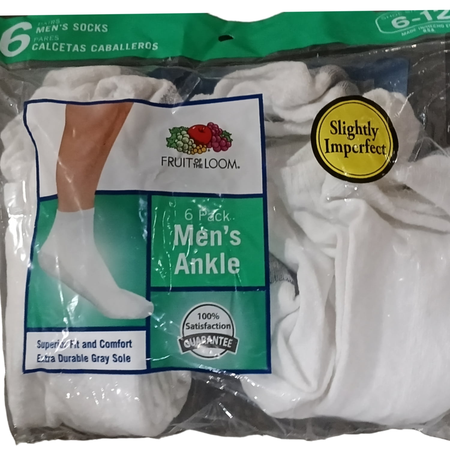 Fruit of the Loom Mens Ankle Socks 6 Pair Slightly Imperfect Size 6-12 ...
