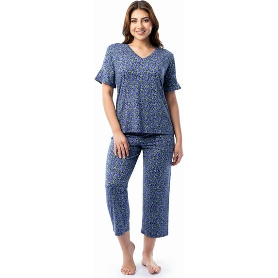 Fruit of the Loom Women's 360 Stretch Ruffle Sleeve V-Neck Tee and Capri Sleep Pajama Set - Small Bloom