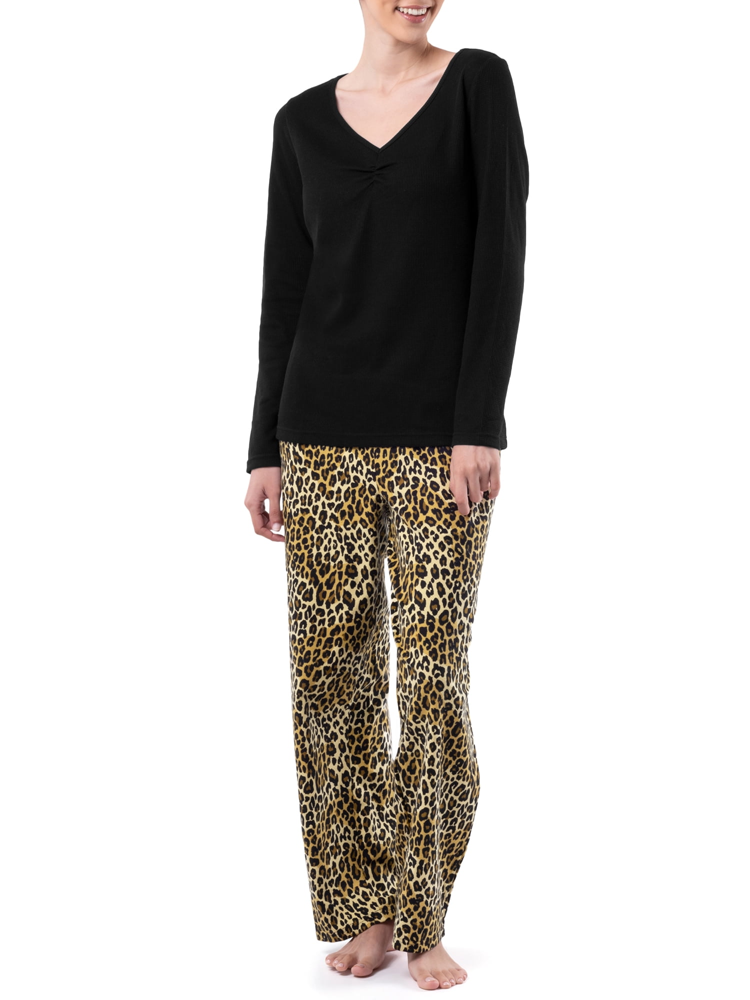 Fruit of the Loom Women's Beyond Soft Long Sleeve Waffle Top and Flannel Bottom Pajama Set, Sizes S-4X
