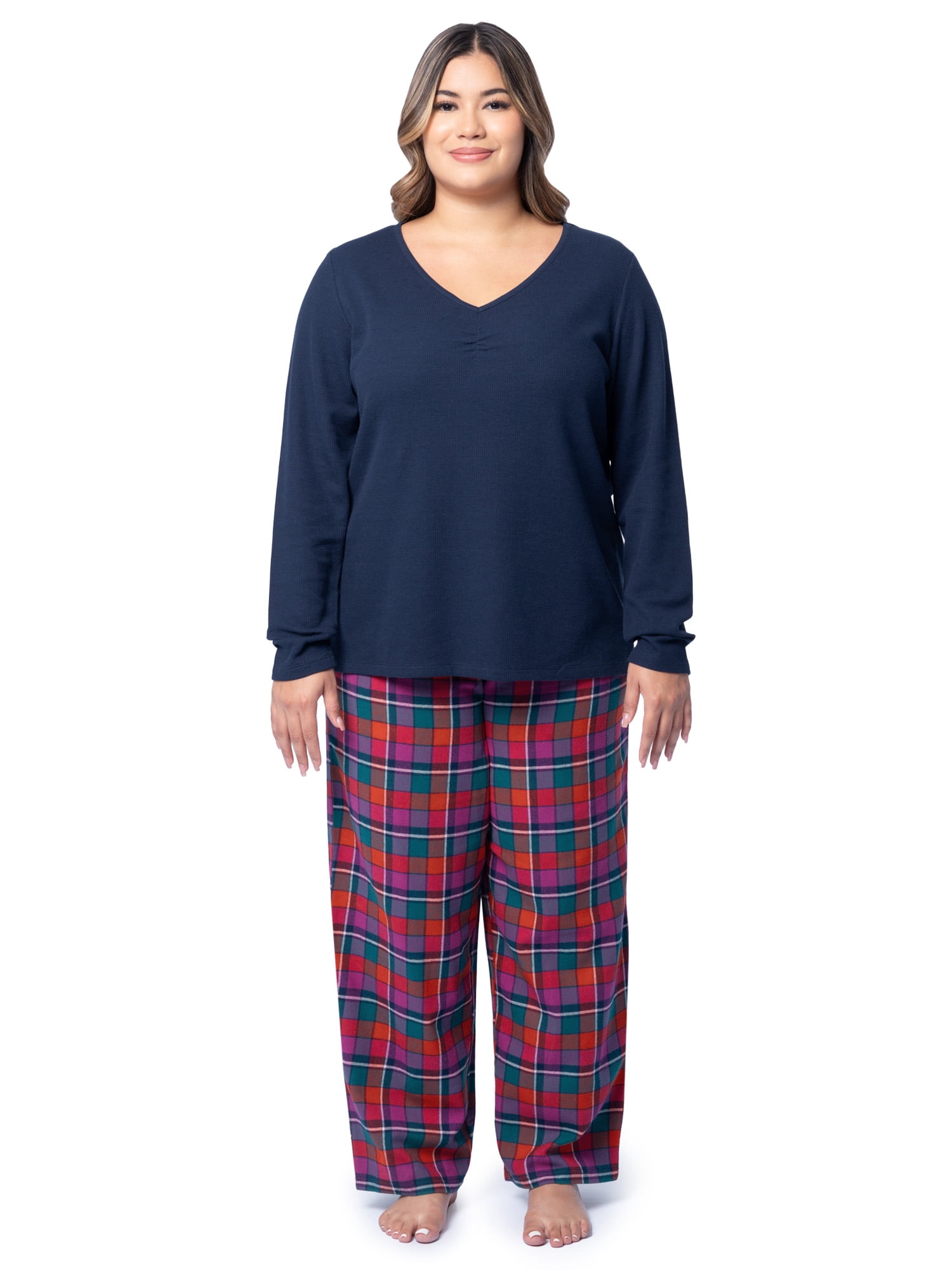 Fruit of the Loom Women's Beyond Soft Long Sleeve Waffle Top and Flannel Bottom Pajama Set, Sizes S-4X