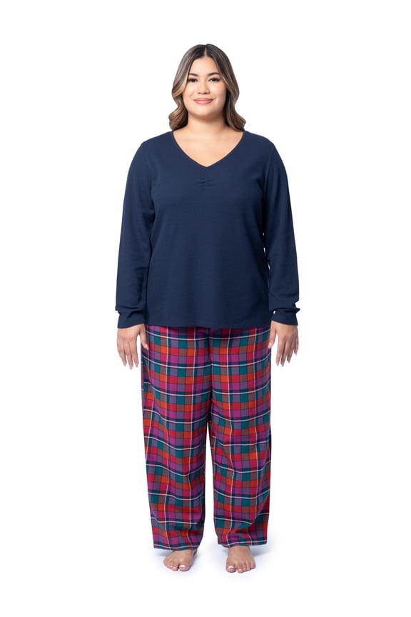 Women's Beyond Soft Long Sleeve Waffle Top and Flannel Bottom Pajama Set, Sizes S-4X